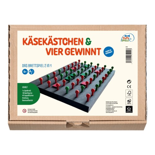 Verpackung von Käsekästchen & Vier Gewinnt mit Spielbrett und Zubehör